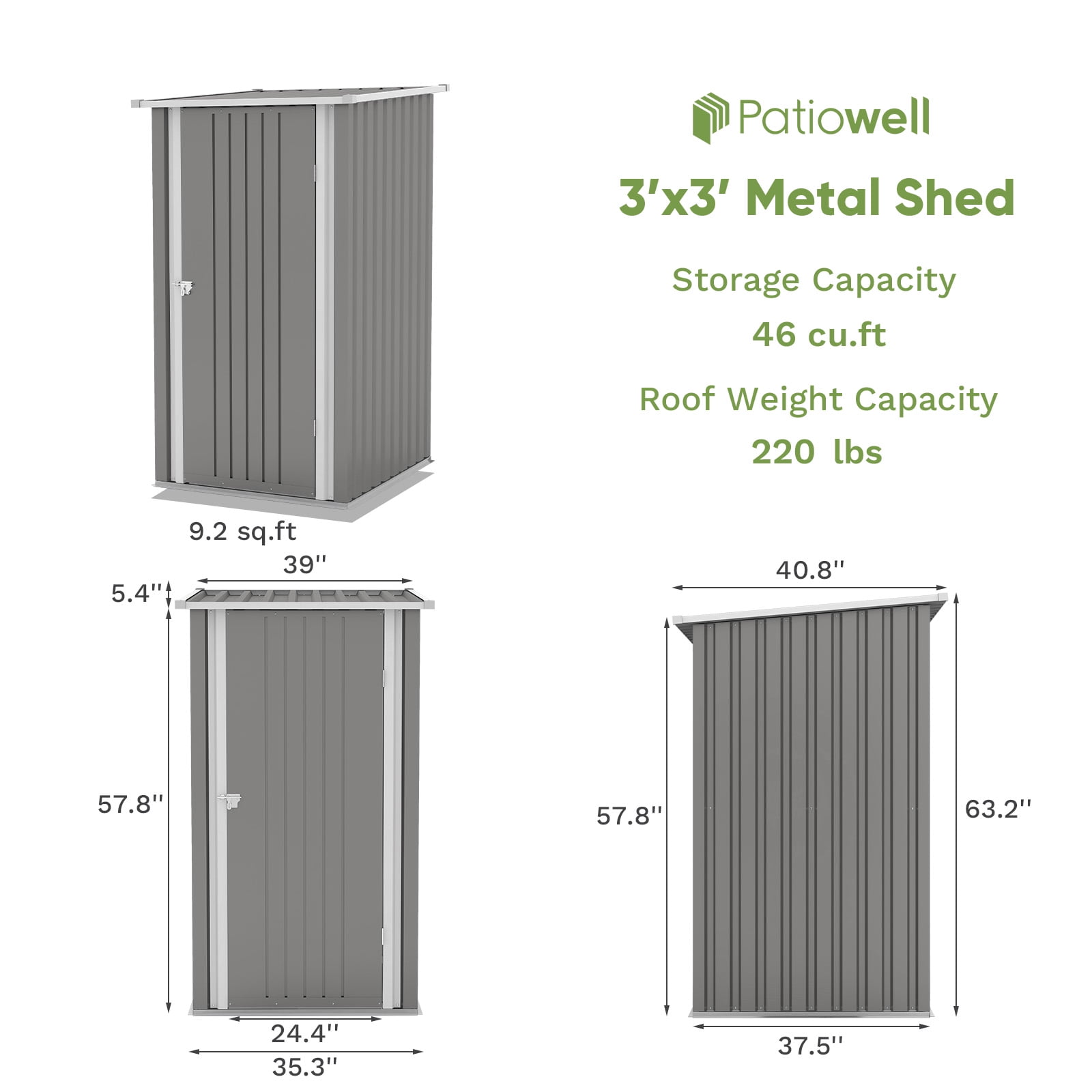 Patiowell 3 x 3 ft Metal Outdoor Storage Shed, Small Garden Tool Storage Shed with Sloping Roof and Single Lockable Door for Backyard Garden Patio Lawn, Gray