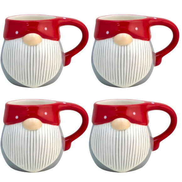 Juego de 4 Tazas Cerámica Diseño Relieve Gnomo Nórdico Minimalista Navideño para Bebidas Calientes, Capacidad 400 ml