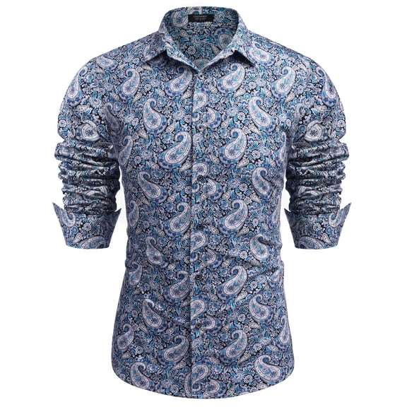 Men Dress Shirt Long Sleeve Floral Button Down Shirt(blue pattern 2, size Large