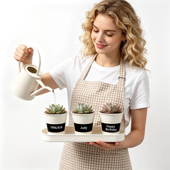 LONGRUN Mini Galvanised Watering Can Set with Plant Pots, Off-White