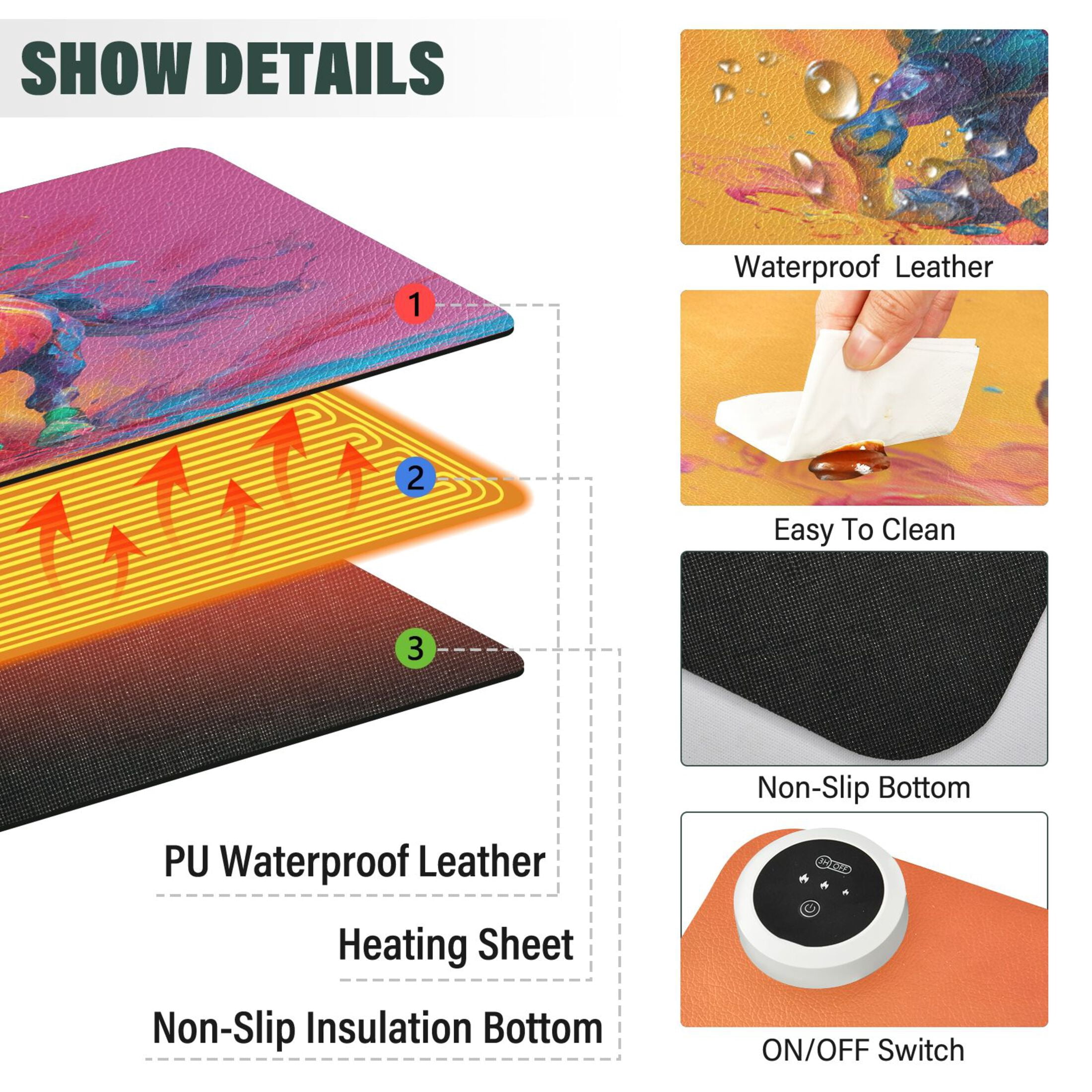 Large Heated Desk Mat Mouse Pad 31.5"x13"PU Leather Graphene Heating Desk Warmer with 3 Temperature Settings 110V US Plug Non-Slip Warm Pad for Home, Office, and Gaming Dynamic Paint Drip Horse