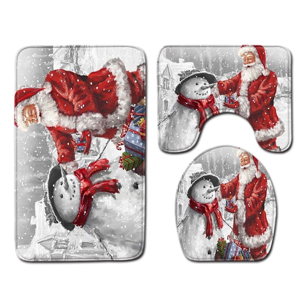 Set de 3 piezas Weihnachten Weihnachtsmann und Schneemann WC Sitzbezug und Teppich Dekorationen Badezimmer Set