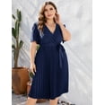 thumbnail image 2 of Women Wrap V Neck Casual Summer Dresses 2024 Short Sleeve Tie Waist Pleated Flowy Wedding Guest Midi Dress, 2 of 5