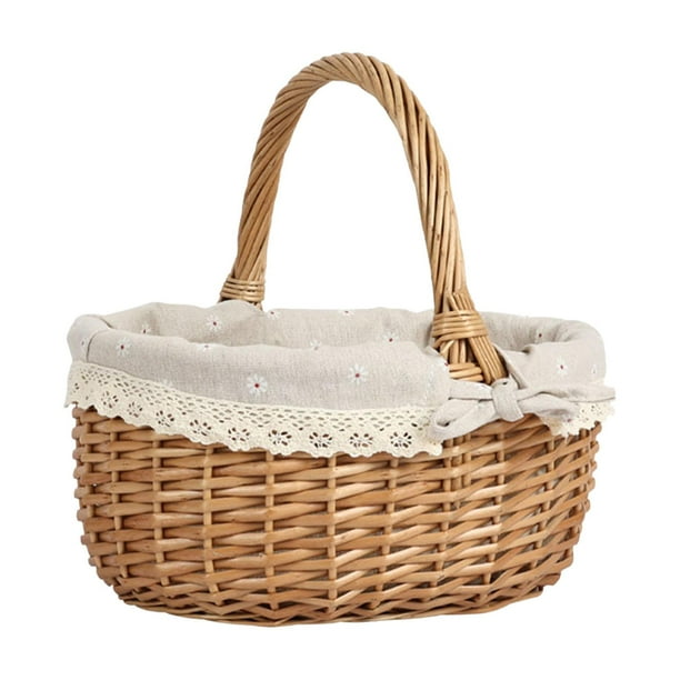 Cesta de picnic de mimbre con asa, cesta de embalaje de regalo tejida a mano, cesta de almacenamiento para granja, senderismo, decoración de cocina de beige