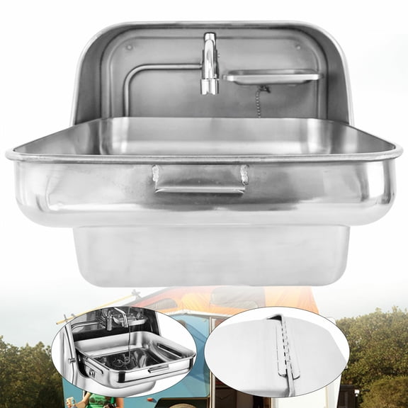 For Caravan Boat RV 304 Stainless Steel Folding Portable Sink with Sink Faucet 14.56*14.76*15.35in for RV Caravans, Bars, Food Trucks