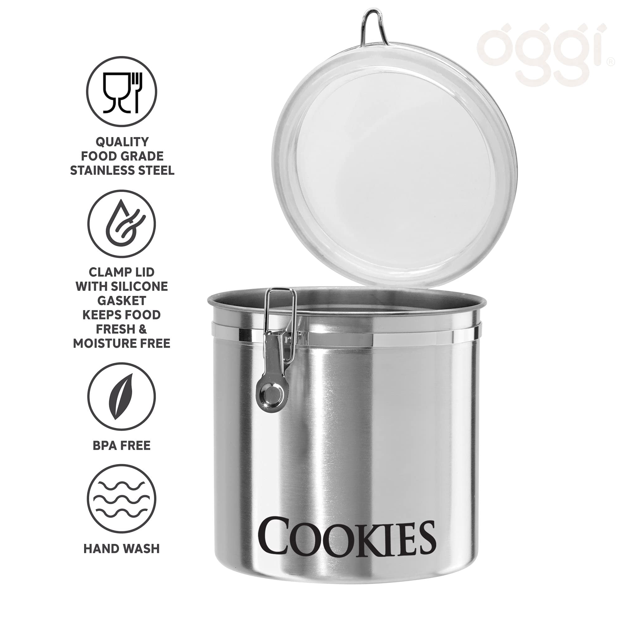 Oggi Airtight Clamp Canister Food Storage Container, 8-Inch-Cookies, Stainless, Clear Lid