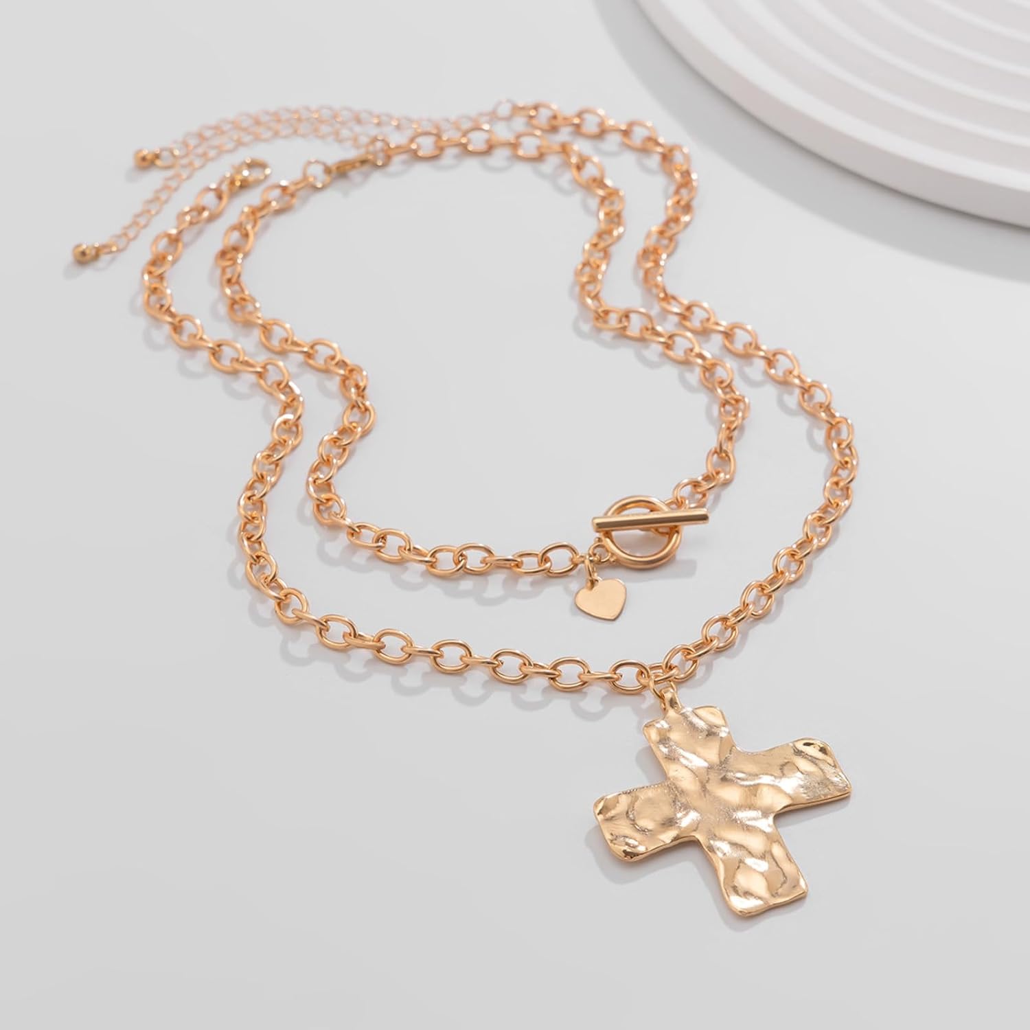 Chunky Cross Necklace for Women Gold Chunky Cross Pendant Necklace Layered Heart Toggle Necklace Hammered Cross Statement Necklace Thick Chain Necklace Jewelry