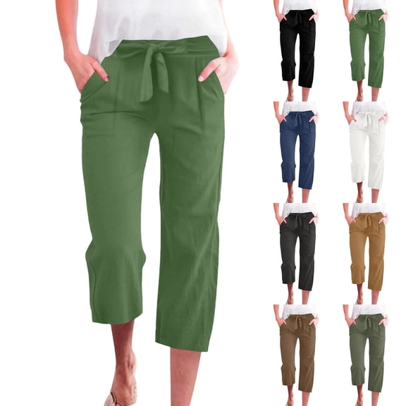 Linen Pants Women 2026 Spring Summer Fashion Straight Leg Pant Casual High Waisted Loose Trousers with Pockets Army Green S