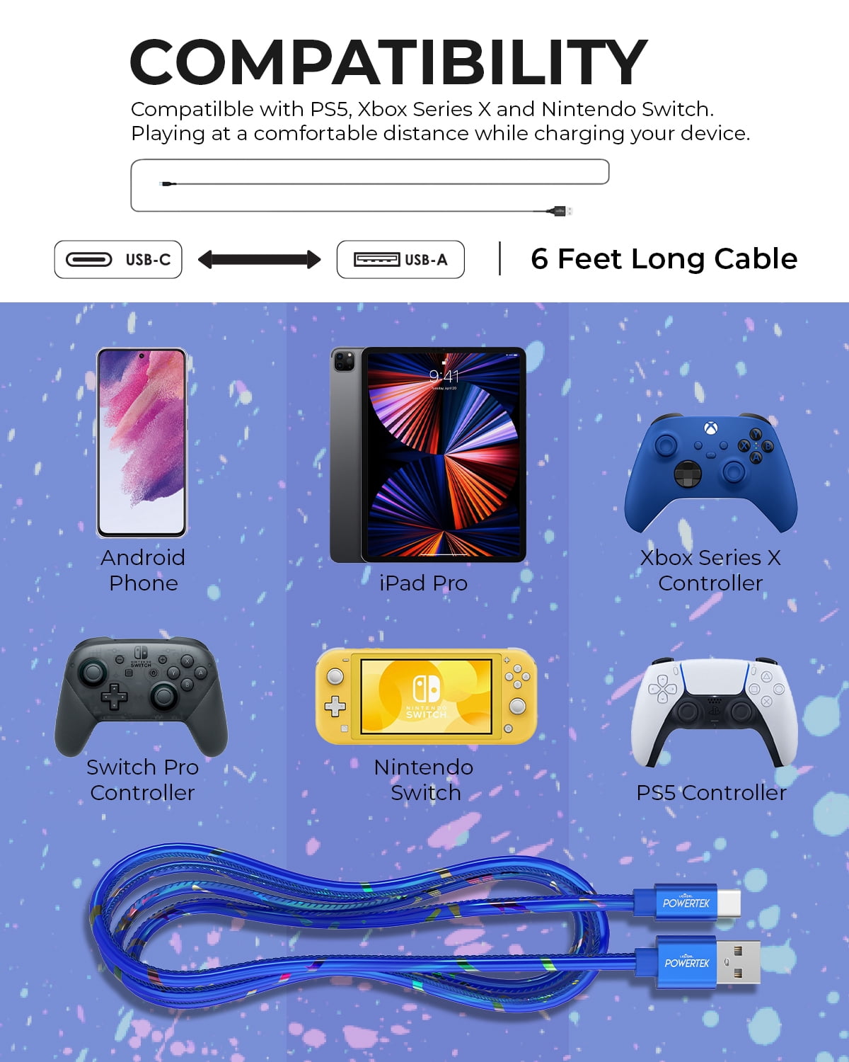 Liquipel Powertek Type-C Fast Charger Cable, 6ft USB-C for Galaxy, Note, Tab, MacBook, Neon Party