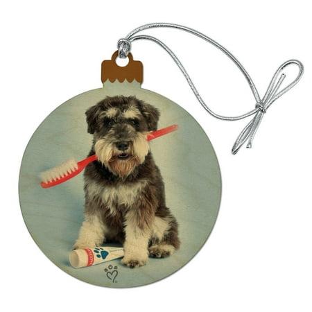Schnauzer Puppy Dog with Toothbrush Dentist Wood Christmas Tree Holiday
