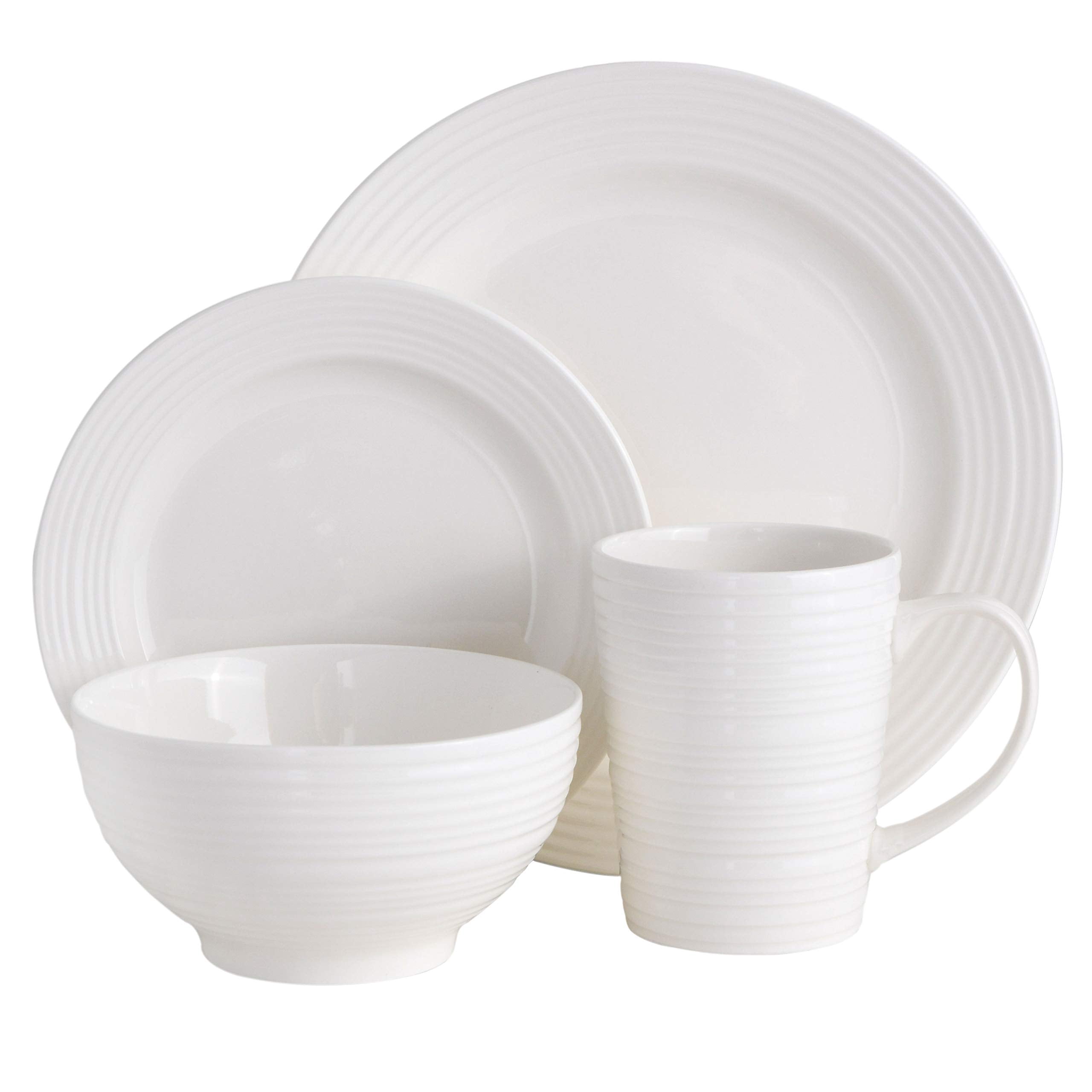Home Zen Buffet White Porcelain Dinnerware Set for 4 with Square Plates, Bowls, Mugs, Chip and Scratch Resistant, Dishwasher and Microwave Safe, 16 Piece