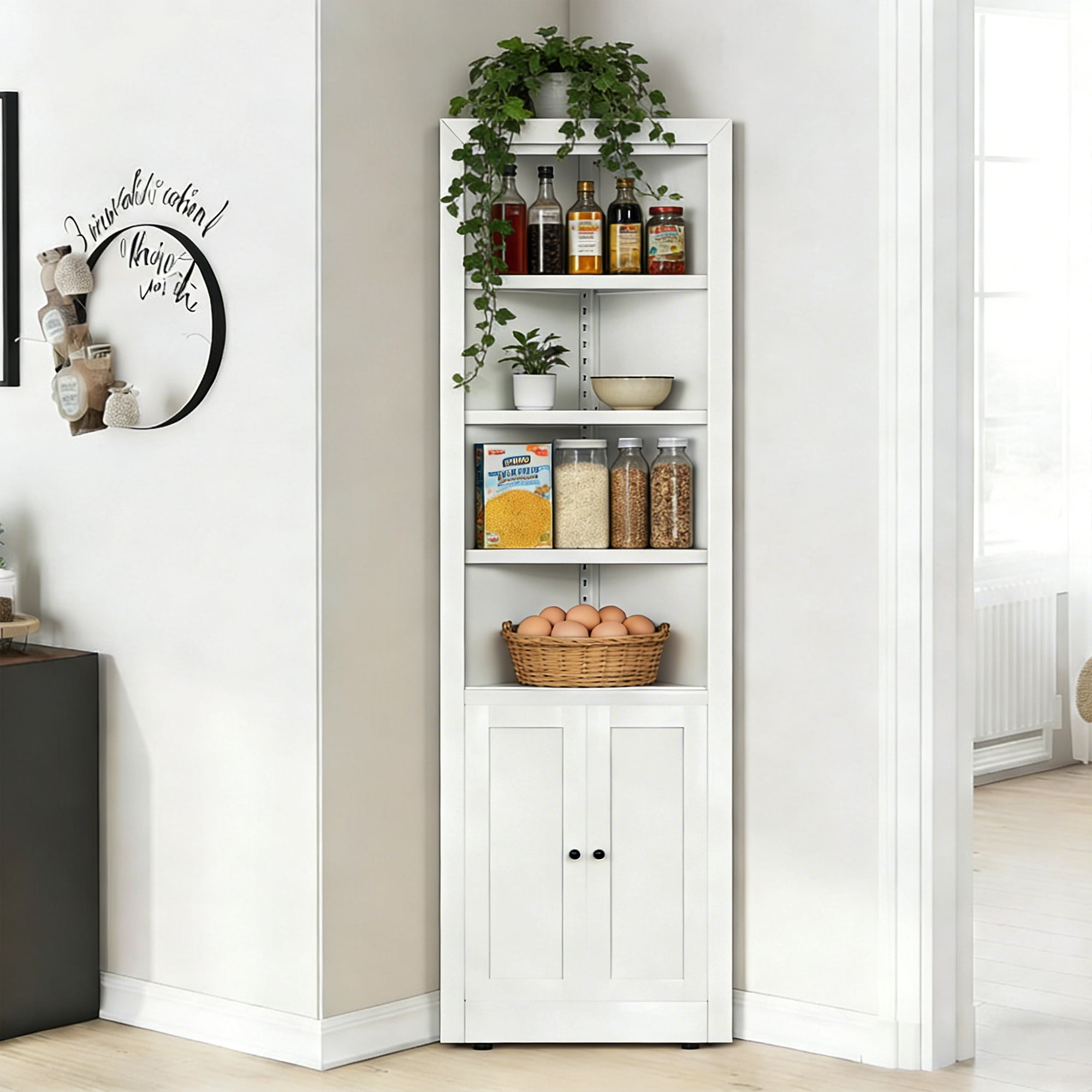 Leumius 71" Tall Corner Storage Cabinet with 2 Doors,Freestanding 5-Tier Metal Cabinet with Adjustable Shelves for Kitchen Living Room Bathroom,White