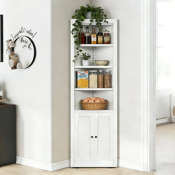 71" Tall Freestanding Space-SavingMetal Corner Storage Cabinet with 2 Doors 5 Adjustable Shelves for Kitchen, Bathroom, Living Room, Pantry, Laundry Room, White