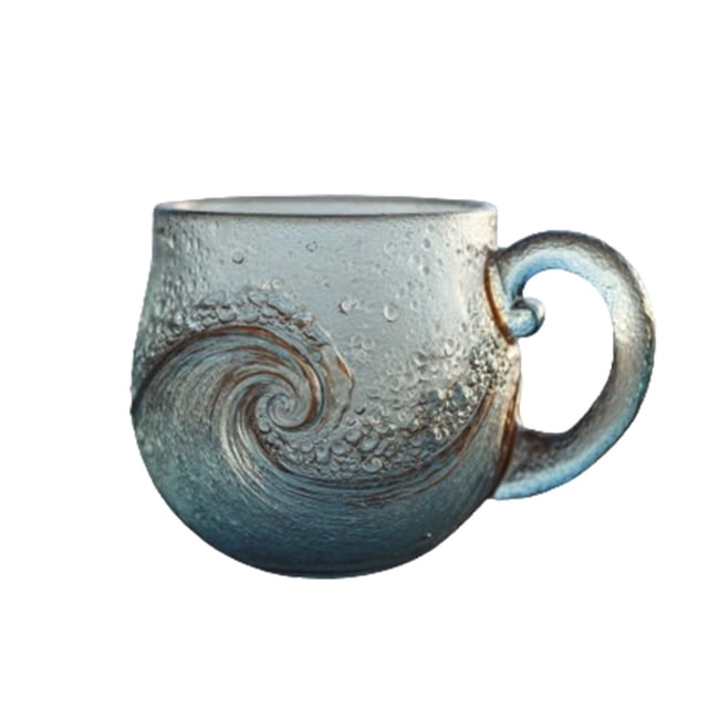 Taza azul de 350 ml con diseño de olas marinas, de vidrio soplado a mano, con textura única, temática playera, ideal para té, vino, regalo artesanal inspirado en el mar, pieza única. Rkxzt