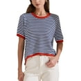 thumbnail image 2 of INSPIRE CHIC Women's Summer Short Sleeve Round Neck Trendy Pullover Striped Knitted T Shirt S Dark Blue, 2 of 5