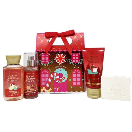 Bath & Body Works Bright Christmas Morning - Mini Gift Set - Fine Fragrance Mist, Body Cream and Body Wash With a Natural Oats Sample Soap.