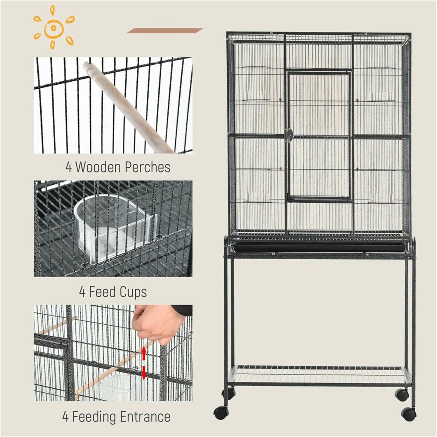 resenkos 64" Height Heavy Duty Travel Bird Cage Carrier with Rolling Stand, Wood Perch & Food Container for Parrots Conures Lovebird Cockatiel Parakeets, Black