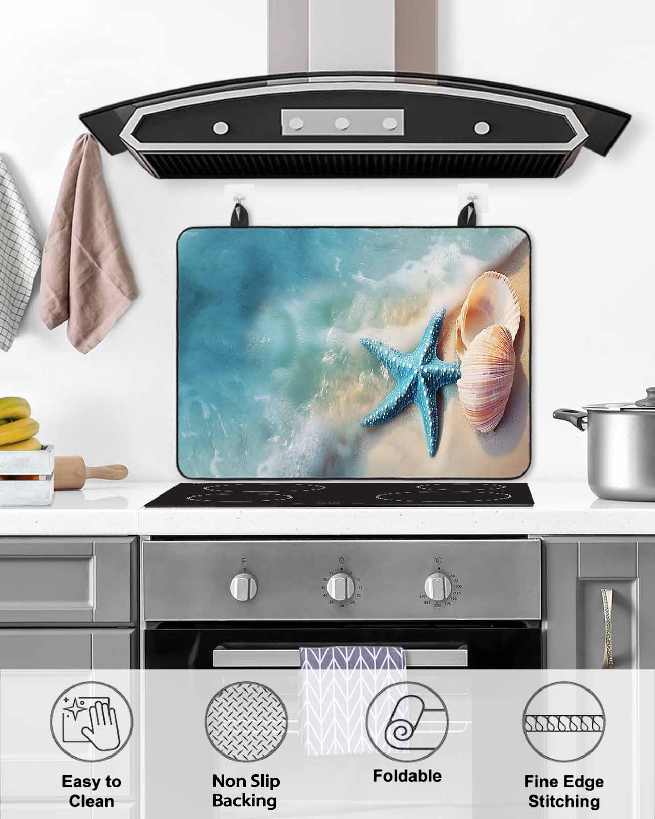 nqOlkjepod Large Induction Cooktop Protector Mat 36"x21", Blue Coastal Stove Top Covers for Electric Stove, Summer Nautical Seaside Starfish Shell Stove Burner Cover Mats, Glass Top Stove Cover