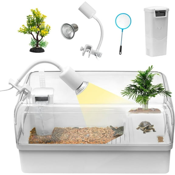 Turtle Tank Acrylic Habitat Kit with Silent Filter & Bottom Drain,UVB Basking Platform Light,Multi-Zone Aquatic Tortoise Enclosure with Hideout,Feeding Area,Plant,Net & Accessories for Baby