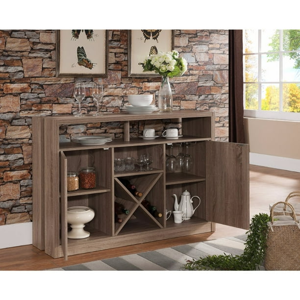Enticing Buffet Table With Metal Wine Racks, Light Brown