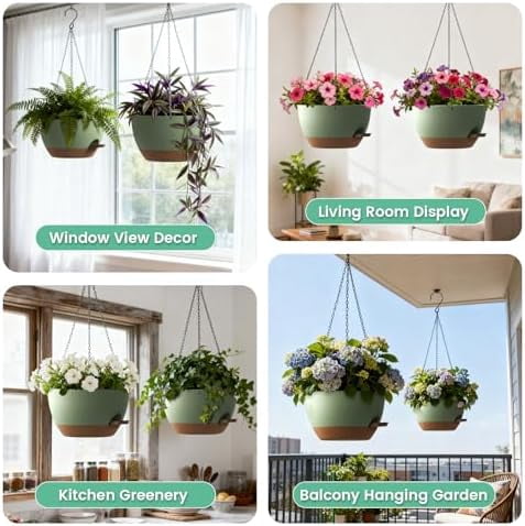 Large Self Watering Hanging Planters for Indoor Outdoor Plants, 13 Inch 2 Pack, Hanging Plant Pots with Removable 50 Oz Reservoir, Plastic Hanging Basket for Window, Porch, Garden