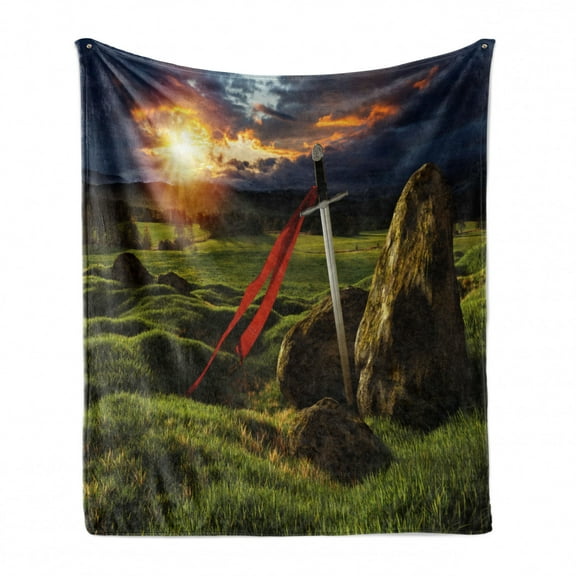 King Soft Flannel Fleece Throw Blanket, Arthur Camelot Myth in England Ireland Fields Invincible Myth Image, Cozy Plush for Indoor and Outdoor Use, 50" x 70", Green Blue and Red, by Ambesonne