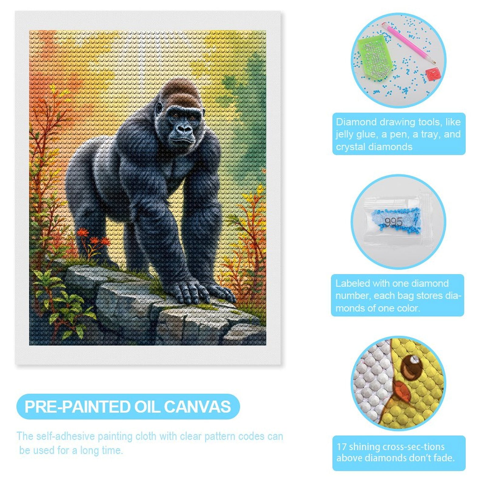 Diamond Art Kits for Adults - Gorilla On Rock In Sunlit Forest 5d Diamond Painting for Adults, Diamond Art for Adults Beginners, Frameless Diamond Painting Kits for Adults for Home Wall Decor