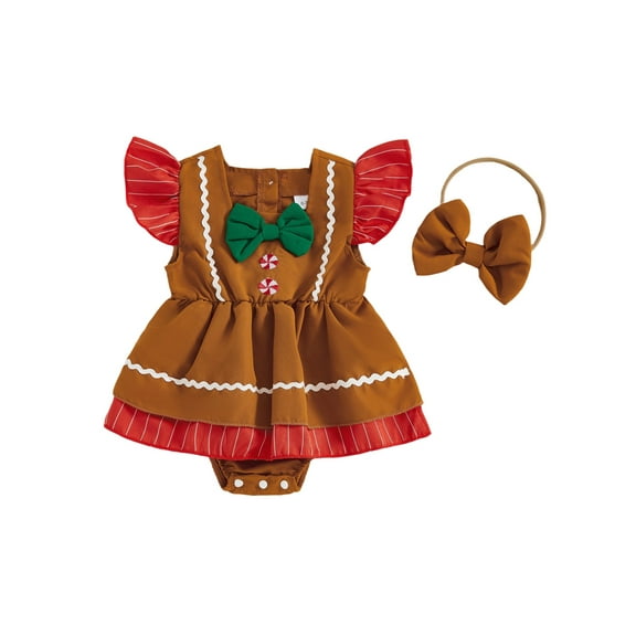 Miaouyo Infant Baby Girls Christmas Gingerbread Romper 0 3 6 12 18 Months Striped Fly Sleeves Jumpsuit and Headband Set
