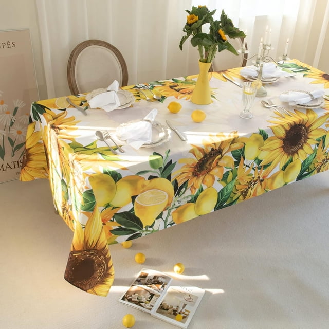 Nappe Imprimée Citrons et Tournesol 60x84 Pouces, Nappe Imprimée Limonade Jaune Résistante à l'Eau, Nappe Florale d'Été, Mise de Table d'Été