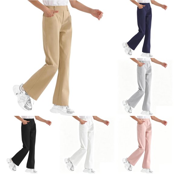 Ticikt Girls Solid Flared School Uniform Pants, Elastic Waist Stretch Bell Bottom Trousers Casual Straight Bootcut School Bottoms,Khaki