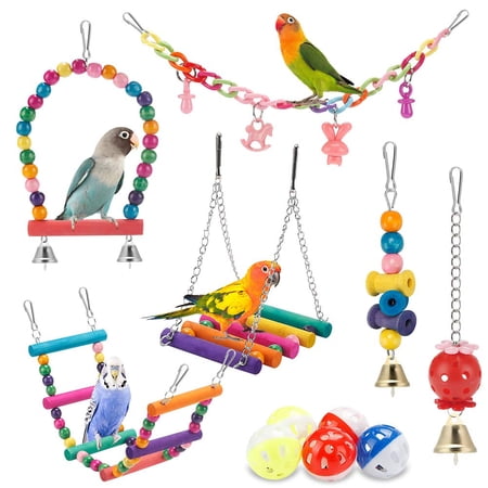 11‑Pack Bird Cage Toys, Hanging Swing Chewing Climbing Ladder Hammock Toys with Bells, Natural Wood Bird Play Accessories for Parakeets, Cockatiels, Conures, Finches