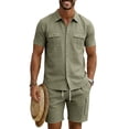 thumbnail image 5 of Men'S Short Sleeve Solid Color Workwear Button Down Shirt With Multiple Pockets And Cargo Shorts Set For Summer Casual Wear,Army Green,L, 5 of 6