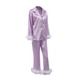 thumbnail image 3 of Liacowi Women's Sleepwear Feather Decoration Long Sleeve Button-Down Lapel Collar Tops + Pants Pajamas Set, 3 of 10