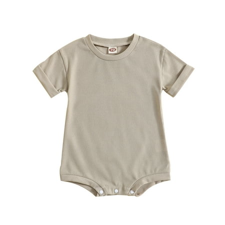 

Baby Boys Girls Summer Romper Short Sleeve Round Neck Solid Color Ribbed Bodysuit（0-24Months）