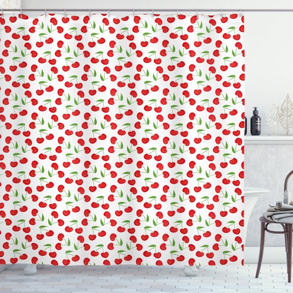 Cherry Shower Curtain, Summer Season Romantic Fruit and Leaves Pattern Summer Time Flourishes, Fabric Bathroom Set with Hooks, 69W X 84L Inches Extra Long, Dark Coral Green White, by Ambesonne