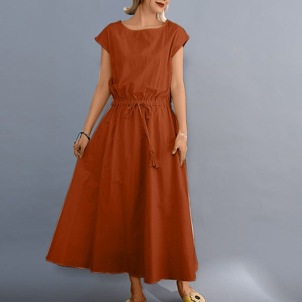 Puntoco Vestido De Tirantes De Color Sólido Suelto De Verano Para Mujer Vestido De Manga Corta Con Cuello Redondo Vestido De Cuello Redondo De Manga Corta Naranja Xxl,Regalos Para Mujer Joven