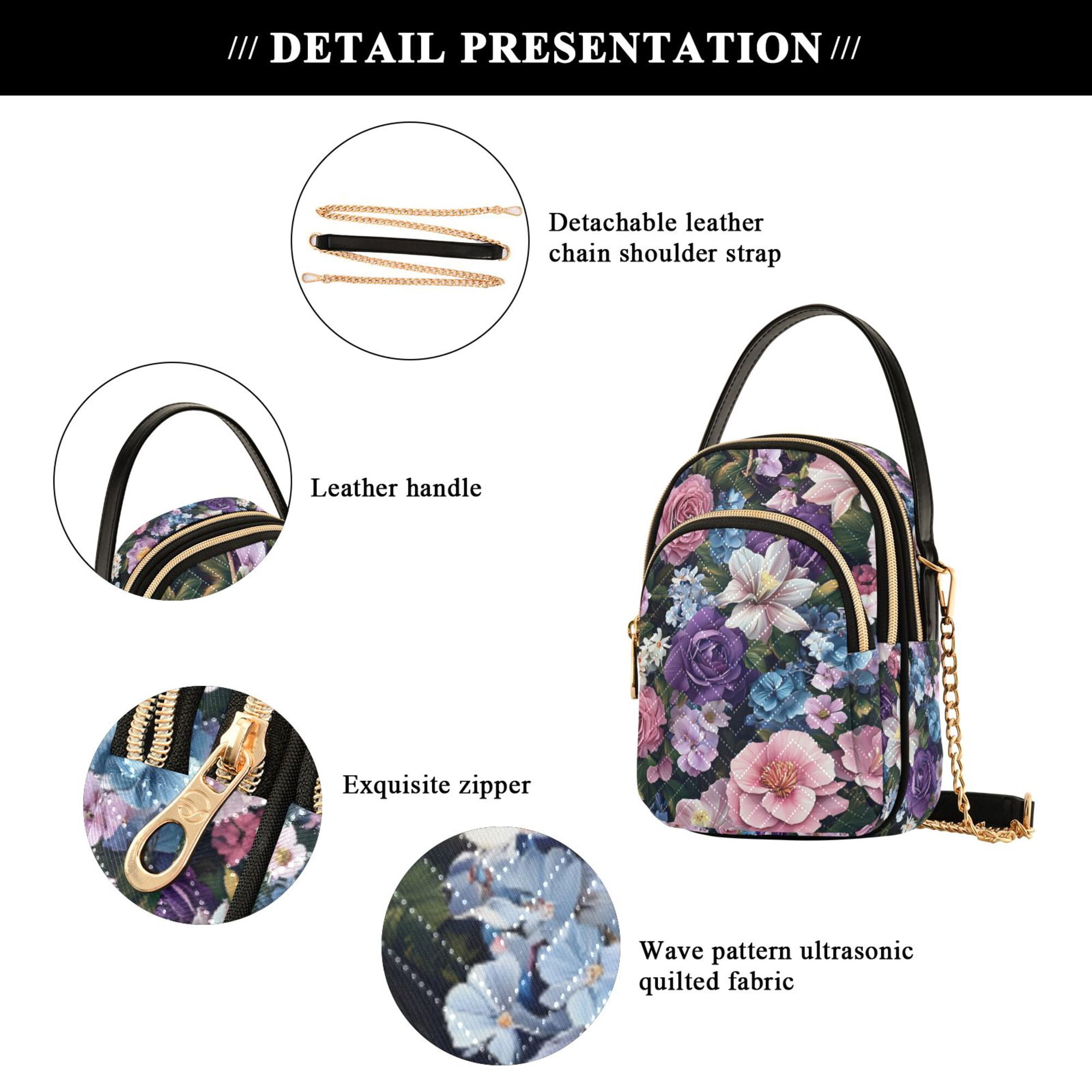 FORMRS Crossbody Bag for Women Quilted Travel Shoulder Cell Phone Purse with Chain Strap Handbag, Pink and Purple Flowers