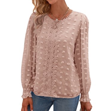 Women Embroidery Dots Lantern Long Sleeve Round Neck Plain Shirt