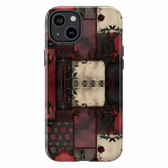 Gothic Red & Black Patchwork Dual Layer Phone Case for iPhone 16 15 14 13 12 11 Pro Plus Mini – Vintage Dark Academia Aesthetic Cove