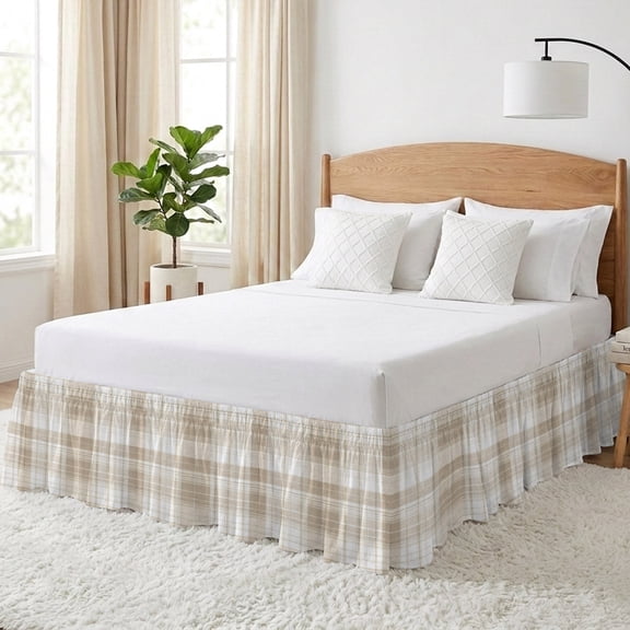Khaki Plaid Bed Skirt King Size 16 Inch Drop, Brown Tan White Rustic Chic Country Farmhouse Adjustable Elastic Dust Ruffles Bedskirt for King Bed Wrap Around Pleated Mattress Frame Cover