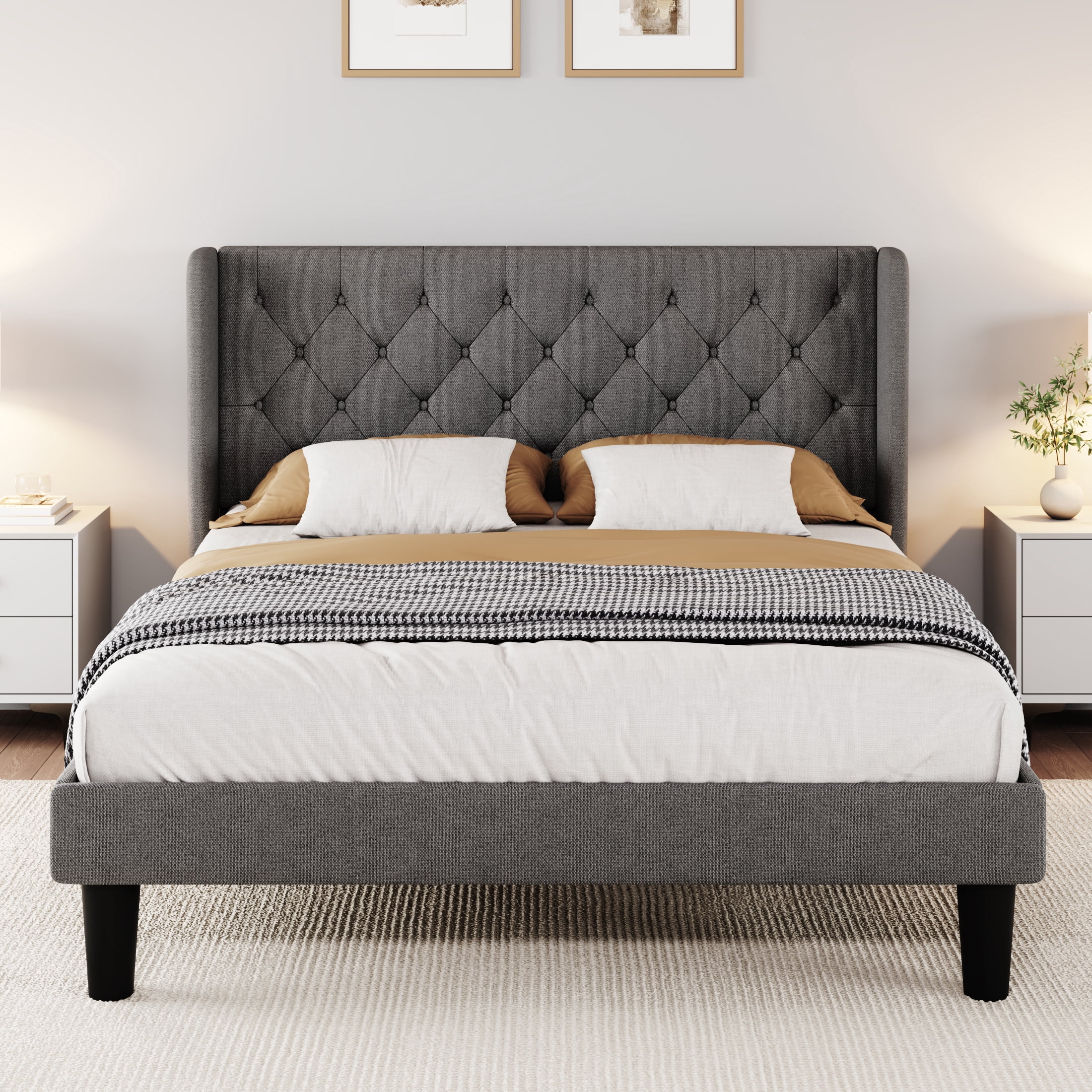 SHA CERLIN Full Size Platform Bed Frame with Fabric Wingback&Tufted Upholstered Headboard, Light Grey