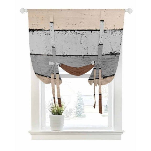 Brown Grey Tie Up Curtains for Window, Thermal Insulated Balloon Shade Adjustable Rod Pocket Curtains Valance Panels for Kitchen Bathroom Cafe 42 x 45 Vintage Stripe Farmhouse Wood Grain Ombre