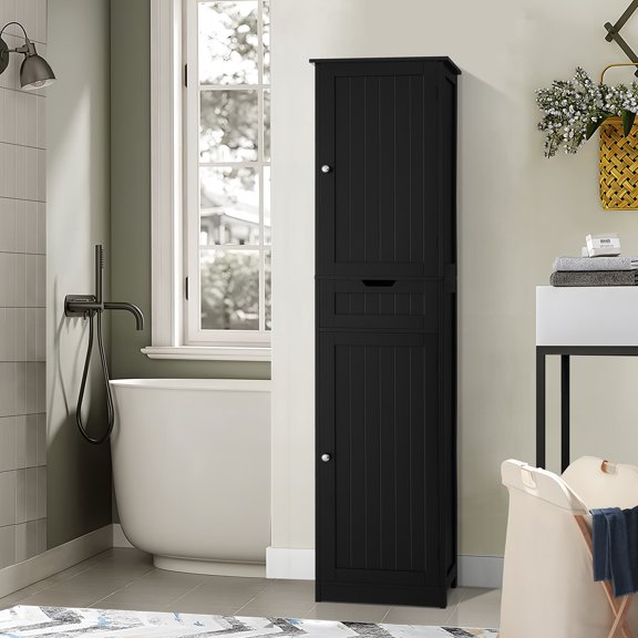 FANGSUM Tall Bathroom Cabinet, Storage Cabinet with 1 Drawer & 2 Doors, Narrow Floor Cabinet with Adjustable Shelves for Bathroom, Living Room, Bedroom, Black