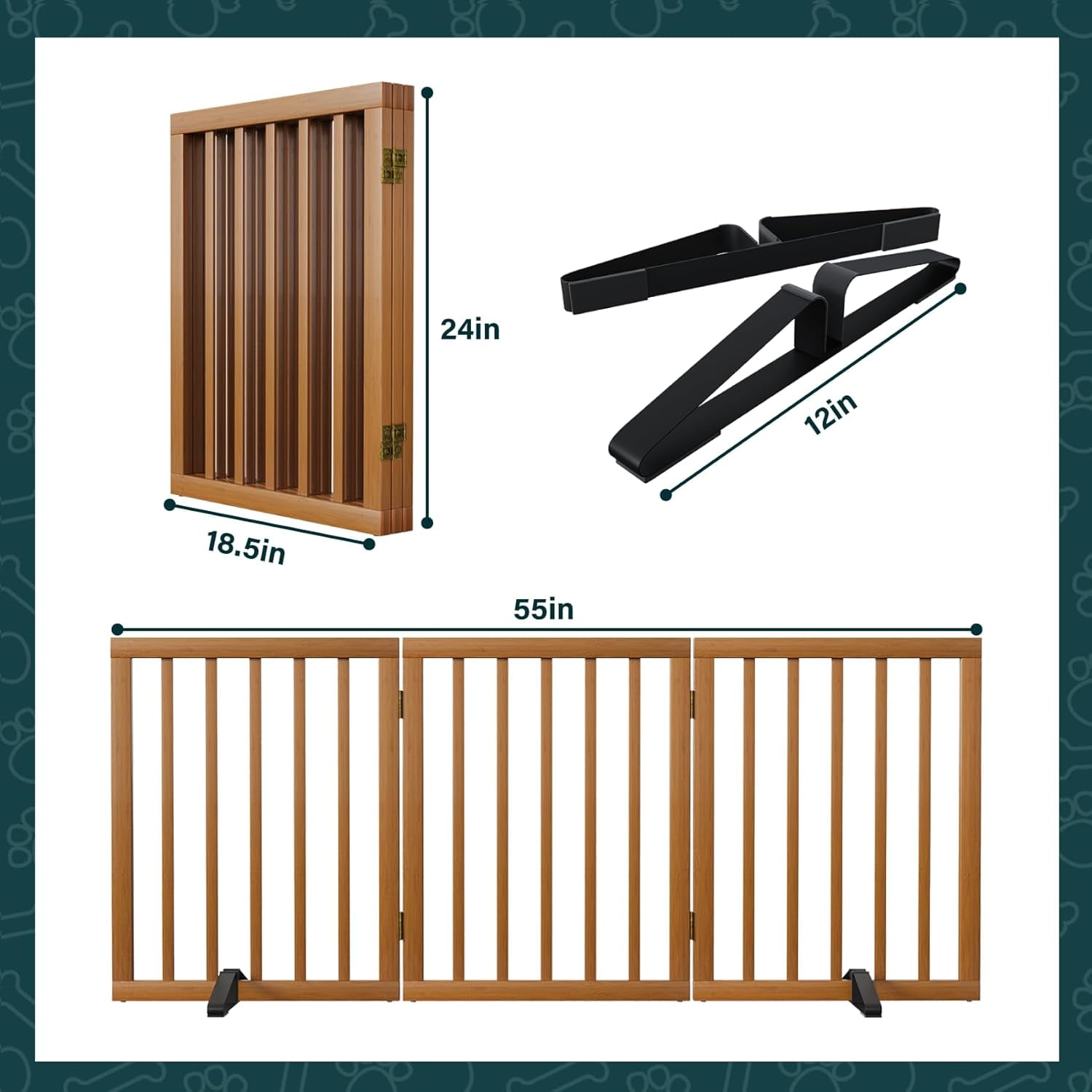 Semiocthome Freestanding Dog Gate 24“Tall, Walnut Foldable Dog Gates for Doorways Stairs Indoor, Wooden 3 Panels Pet Gates for Dogs with 2 Metals Stands, Fully Assembled Door Gates Fences