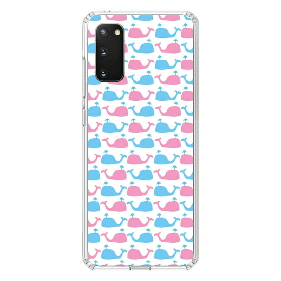 DistinctInk Clear Shockproof Hybrid Case for Galaxy S20 ULTRA / 5G (6.9" Screen) - TPU Bumper, Acrylic Back, Tempered Glass Screen Protector - Blue Pink Cartoon Whales - Cartoon Whales