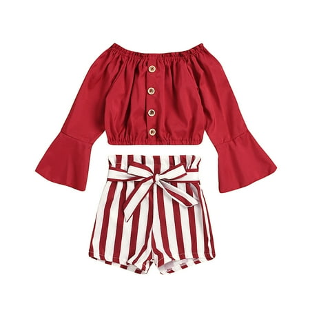

QWERTYU Newborn Infant Toddler Baby Kids Children Child Flare Sleeve T Shirts and Striped Shorts Set Long Sleeve off Shoulder Clothing Set Outfits for Girl 0-4Y