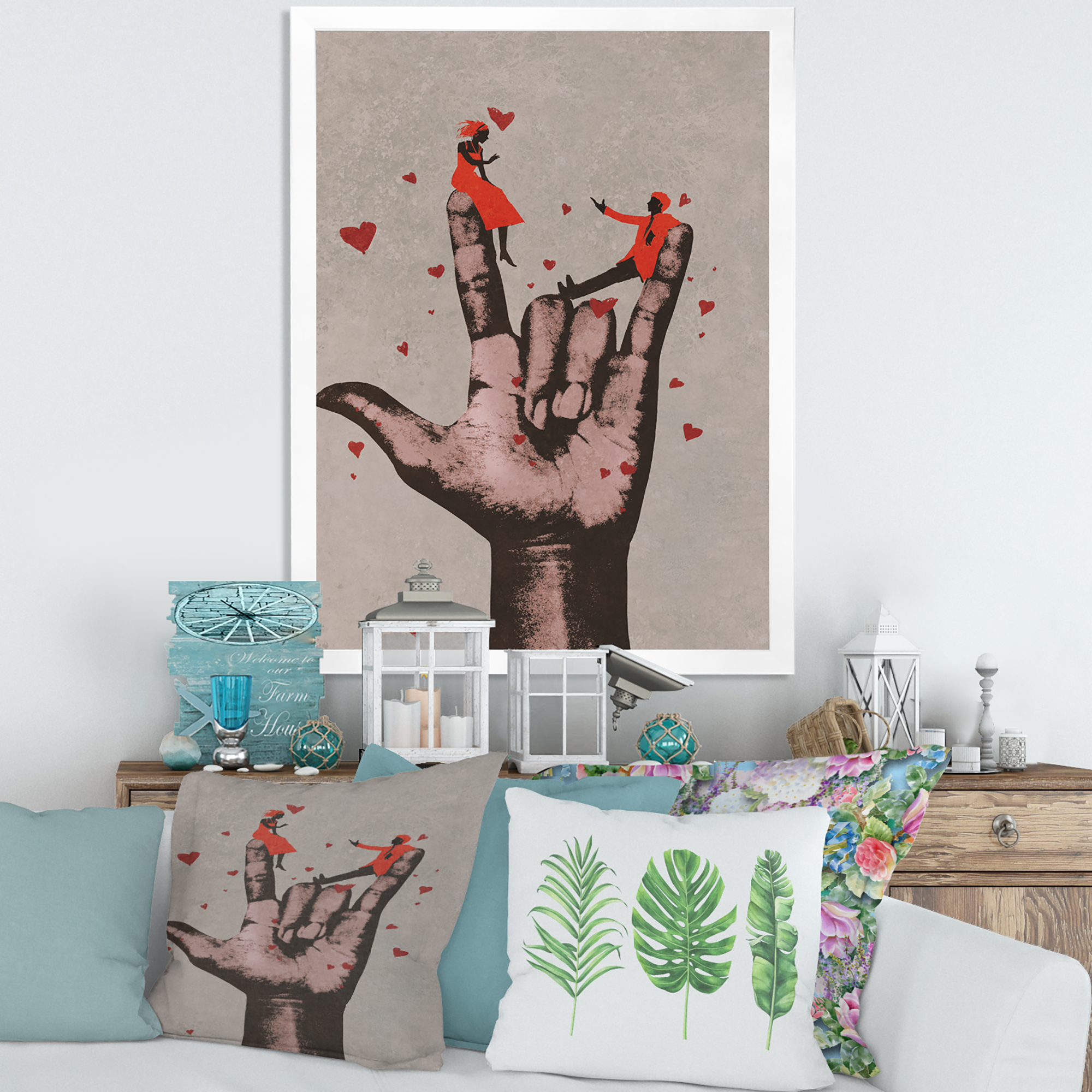 Designart 'I Love You Hand Sign With Romantic Couple' Modern Framed Art Print