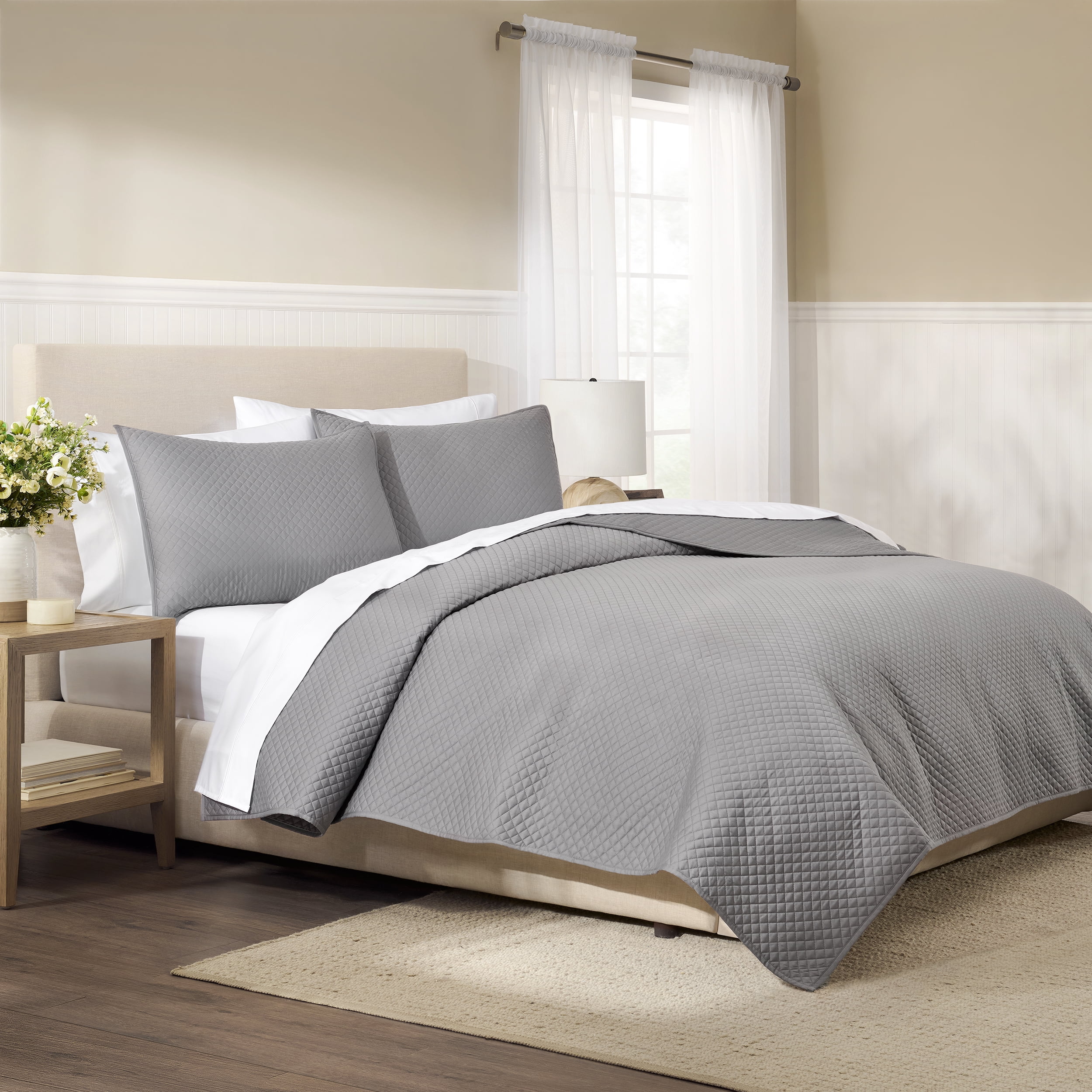 Wamsutta 1846 Cotton Tencel 3-Piece Gray Flannel Diamond Stitch Quilt Set, King