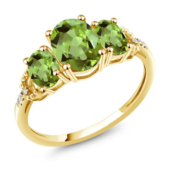 Gem Stone King 2.46 Cttw 10K Yellow Gold Green Peridot and Diamond Accent 3-Stone Engagement Ring for Women | Three Stone Wedding Anniversary Promise Ring for Women (Size 5)