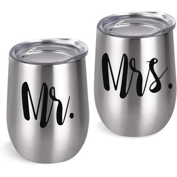 Mr and Mrs Wine Tumbler Bridal Shower Idea for Bride and Groom, 12 Oz Mr Mrs Stainless Steel Insulated Tumblers Wedding Idea for Newlyweds Couple His and Her Engagement Honeymoon, Set of 2